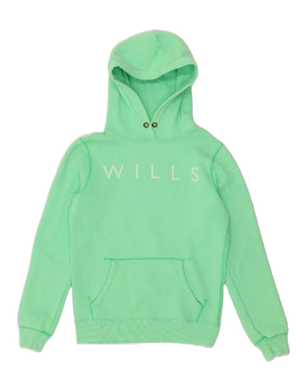 JACK WILLS Womens Graphic Hoodie Jumper UK 8 Small Green Cotton Hoodie with Hem Frayed Vintage Worn JACK WILLS Womens Graphic Hoodie Jumper UK 8 Small Green Cotton Hoodie with Hem Frayed Vintage Worn