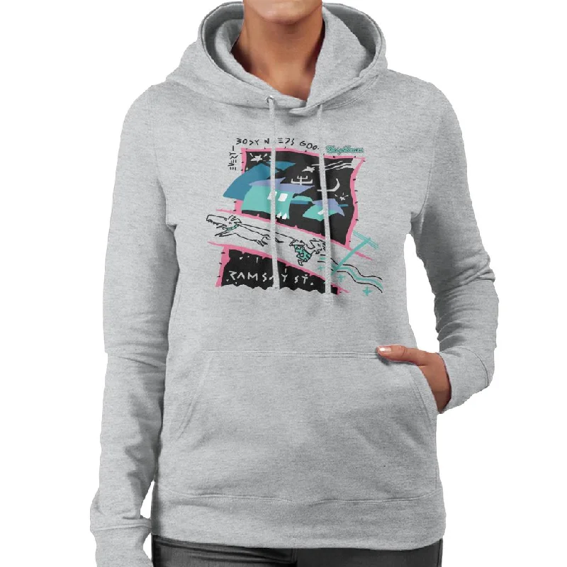 Neighbours Retro Montage Women's Hooded Sweatshirt Hoodie with Hem Frayed Vintage Worn Neighbours Retro Montage Women's Hooded Sweatshirt Hoodie with Hem Frayed Vintage Worn