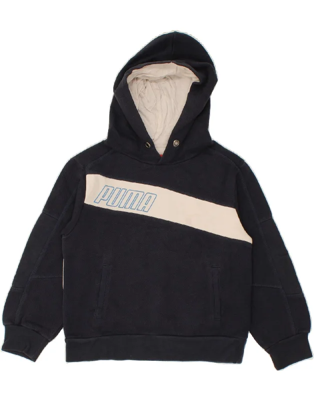 PUMA Boys Graphic Hoodie Jumper 7-8 Years Small Navy Blue Colourblock Hoodie with High Neck Warm Protective PUMA Boys Graphic Hoodie Jumper 7-8 Years Small Navy Blue Colourblock Hoodie with High Neck Warm Protective