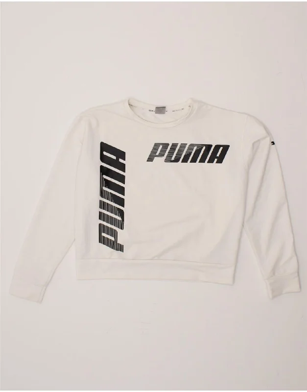 PUMA Girls Graphic Crop Sweatshirt Jumper 13-14 Years White Polyester Hoodie with Applique Textured Unique PUMA Girls Graphic Crop Sweatshirt Jumper 13-14 Years White Polyester Hoodie with Applique Textured Unique