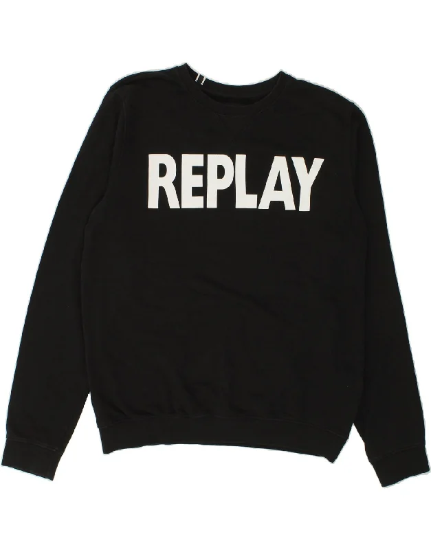 REPLAY Mens Graphic Sweatshirt Jumper 2XL Black Cotton Hoodie with Hem Elastic Stretchable Comfortable REPLAY Mens Graphic Sweatshirt Jumper 2XL Black Cotton Hoodie with Hem Elastic Stretchable Comfortable