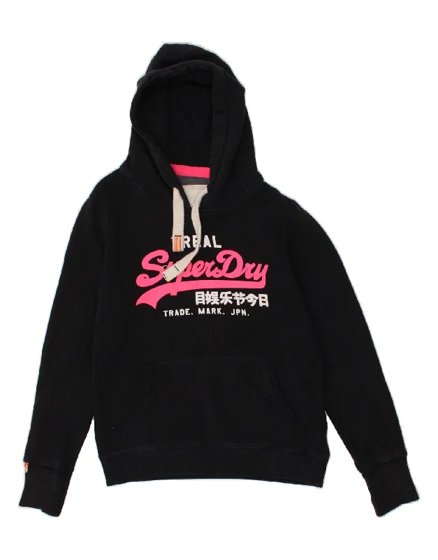SUPERDRY Womens Graphic Hoodie Jumper UK 14 Medium Black Cotton Hoodie with Ribbed Neckline Snug Warm SUPERDRY Womens Graphic Hoodie Jumper UK 14 Medium Black Cotton Hoodie with Ribbed Neckline Snug Warm