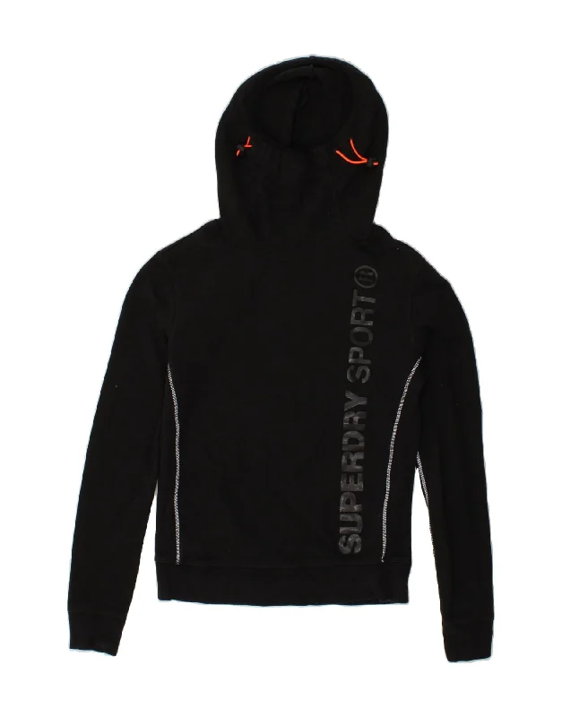 SUPERDRY Womens Graphic Hoodie Jumper UK 6 XS Black Cotton Hoodie with Hem Lace Feminine Delicate SUPERDRY Womens Graphic Hoodie Jumper UK 6 XS Black Cotton Hoodie with Hem Lace Feminine Delicate