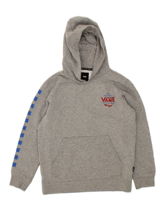 VANS Boys Graphic Hoodie Jumper 12-13 Years Medium Grey Cotton Hoodie with Raw Hem Edgy Unfinished VANS Boys Graphic Hoodie Jumper 12-13 Years Medium Grey Cotton Hoodie with Raw Hem Edgy Unfinished