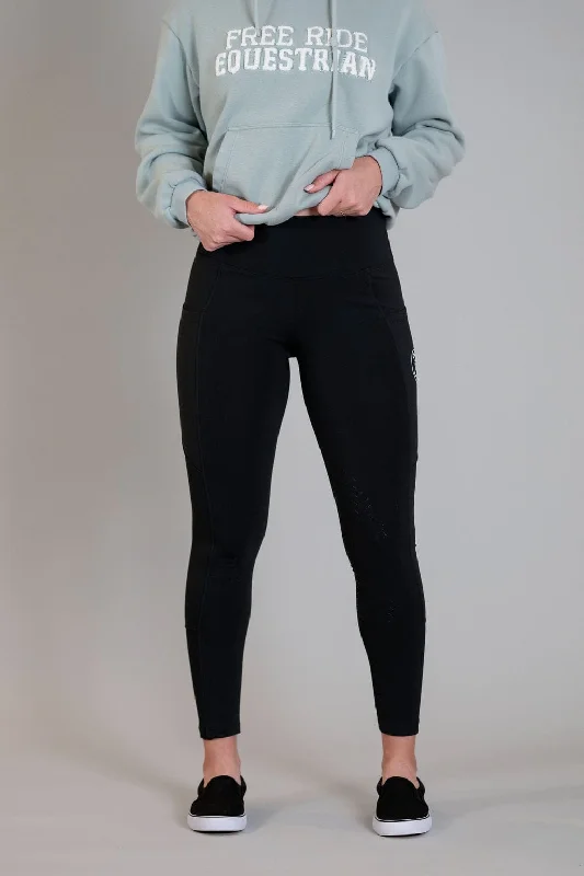 Black Midweight Winter Leggings | Full Seat or Knee Patch Trendy Side-Pocket Leggings