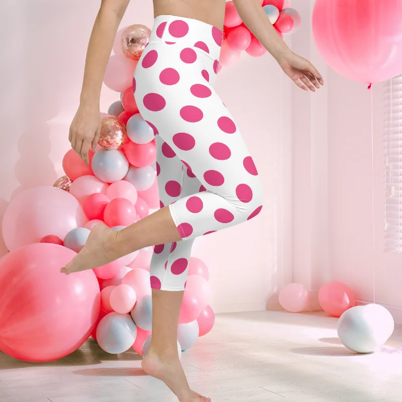 Capri Leggings | cute Pink Polka Dots Yoga Capri Leggings, lioness-love