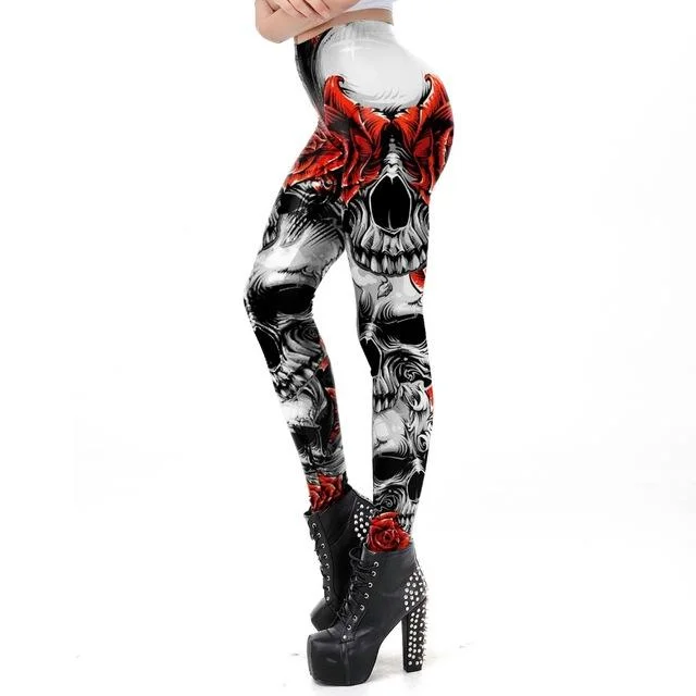 Halloween Style Sugar Skull Leggings for Women with Rose Print