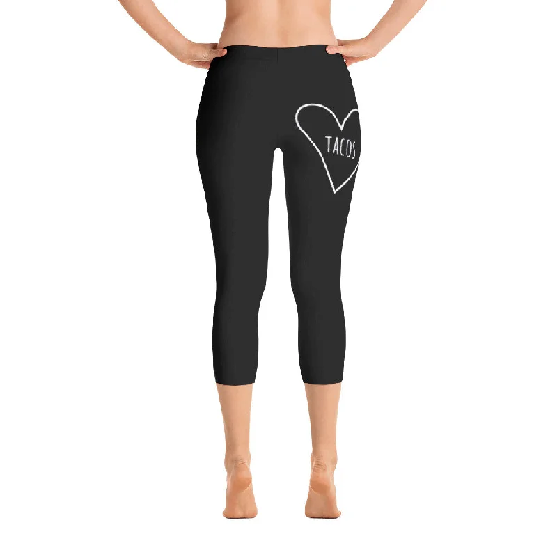 Crave the Day - Love Tacos Heart: Black Ladies Tight Capri Leggings