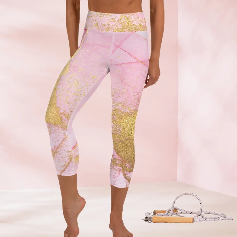 Pink and Gold Marble Yoga Capri Leggings | Exercise Capri Leggings, lioness-love