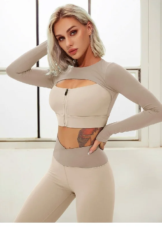 React PREMIUM Seamless Full Sleeve Sports Crop Legging Set - Cream Comfortable Yoga Tights Leggings React PREMIUM Seamless Full Sleeve Sports Crop Legging Set - Cream Comfortable Yoga Tights Leggings