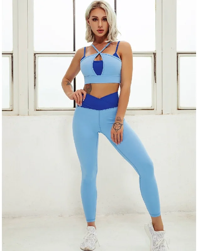 React PREMIUM Seamless Sports Crop Legging Set - Blue Stylish Faux Leather Leggings