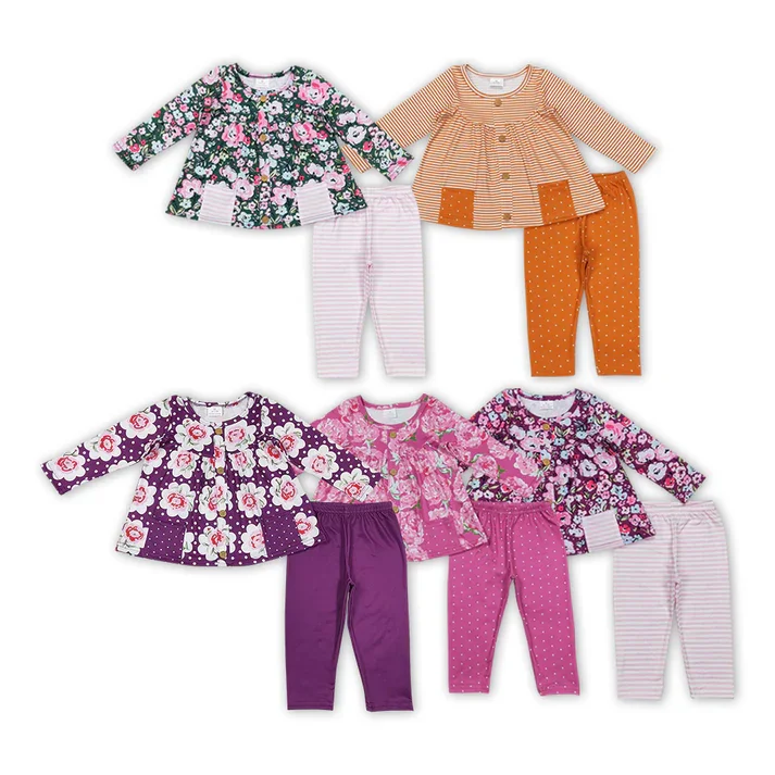 RTS NO MOQ Baby Girls Floral Pocket Tunic Sibling Legging Pants Clothing Sets