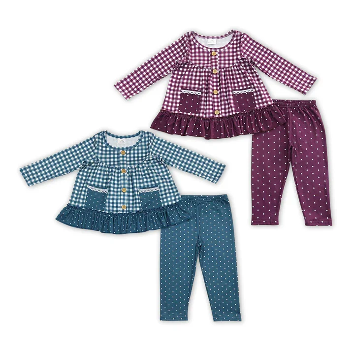 RTS NO MOQ Baby Girls Long Sleeve Checkered Fall Sibling Legging Clothing Sets