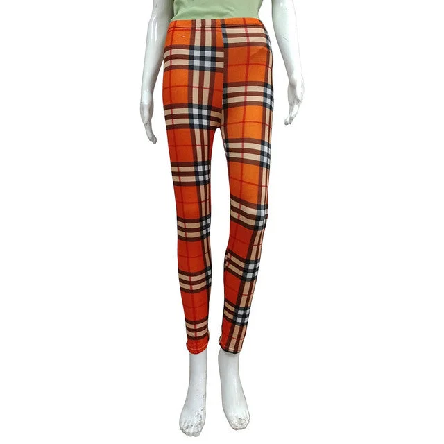 T.T Women Printed Leggings Orange Checked Fashionable Full-Length Active Leggings