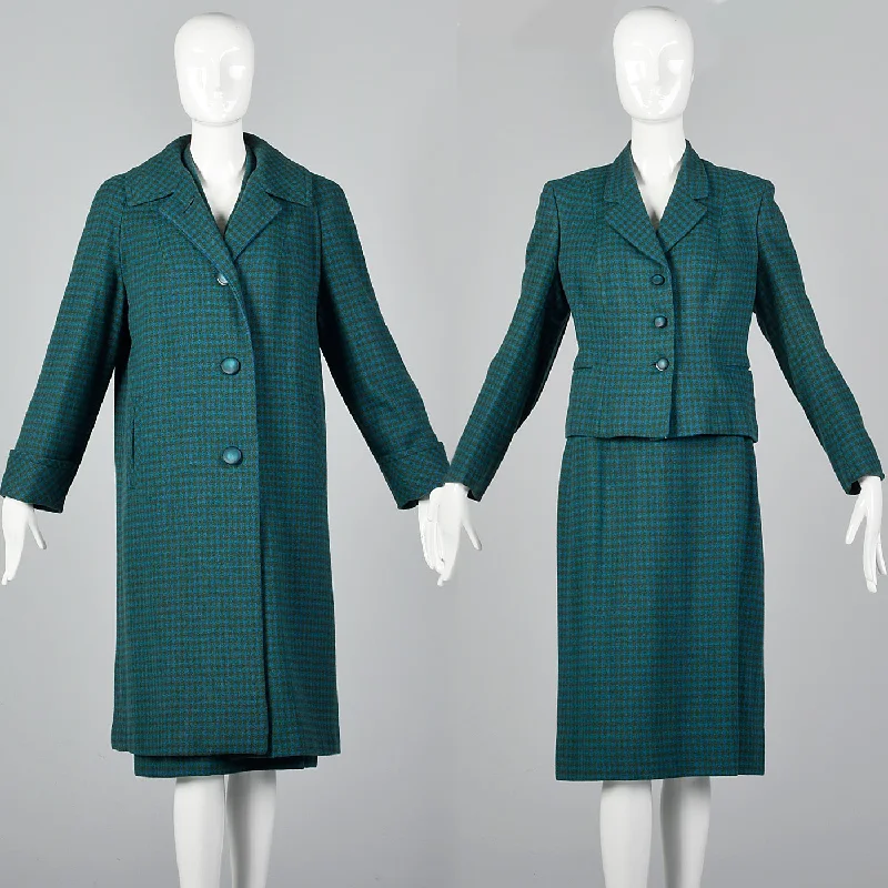 1960s Three Piece Skirt Suit with Matching Winter Coat in Green & Blue Wool