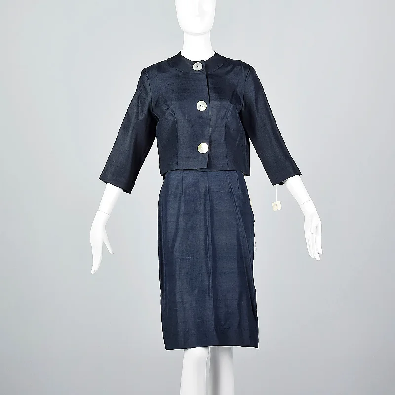 1960s Navy Blue Silk Skirt Suit with Mother of Pearl Buttons