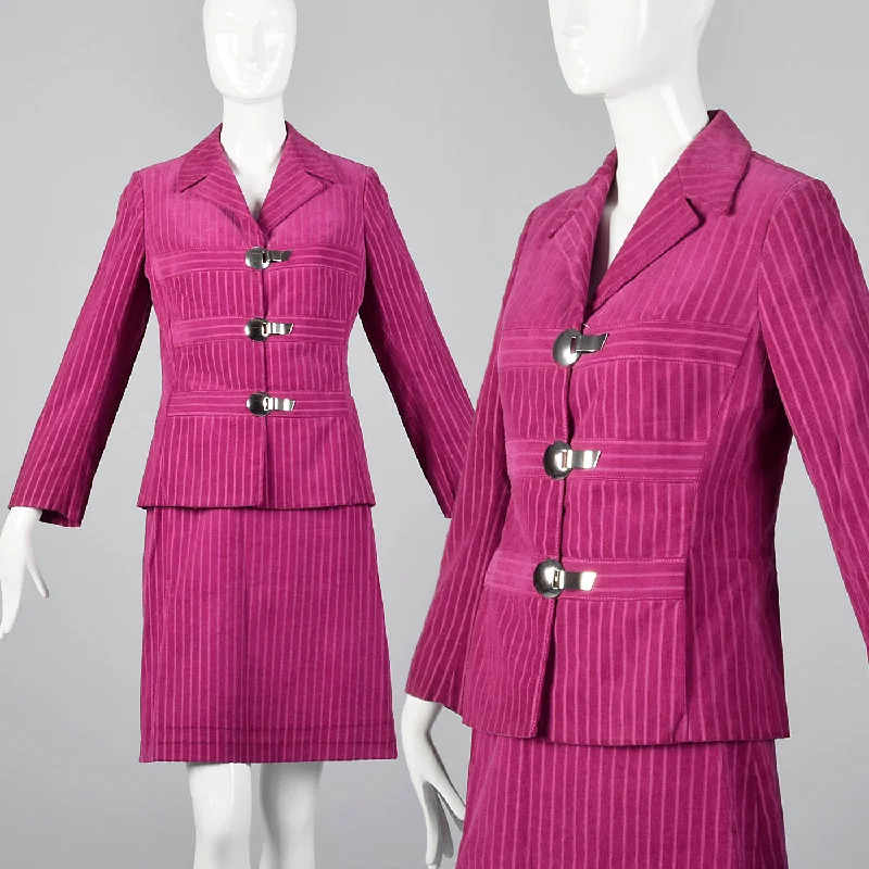 1960s Pink Corduroy Skirt Suit with Mod Silver Clasp Closures ribbed skirt waist