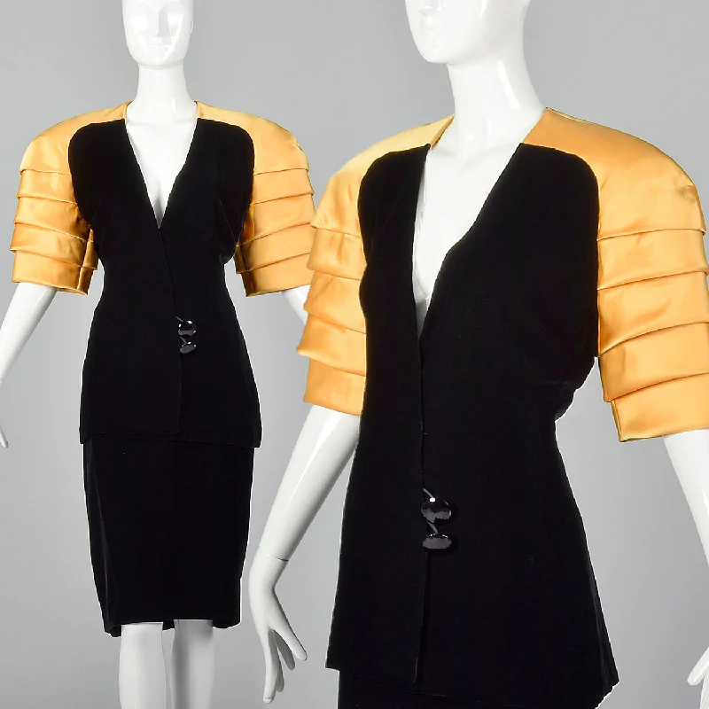 1980s Ingrid Luhn Black Velvet Skirt Suit with Gold Shoulders midi skirt versatile