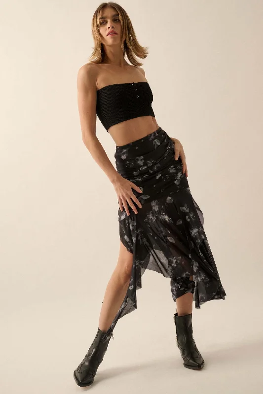 Blooming Shadows Floral Mesh Drop-Waist Midi Skirt silk skirt lustrous