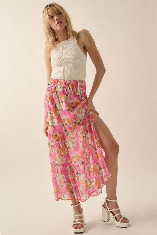 Brilliant Bouquet Tiered Floral Chiffon Maxi Skirt lace skirt elegant