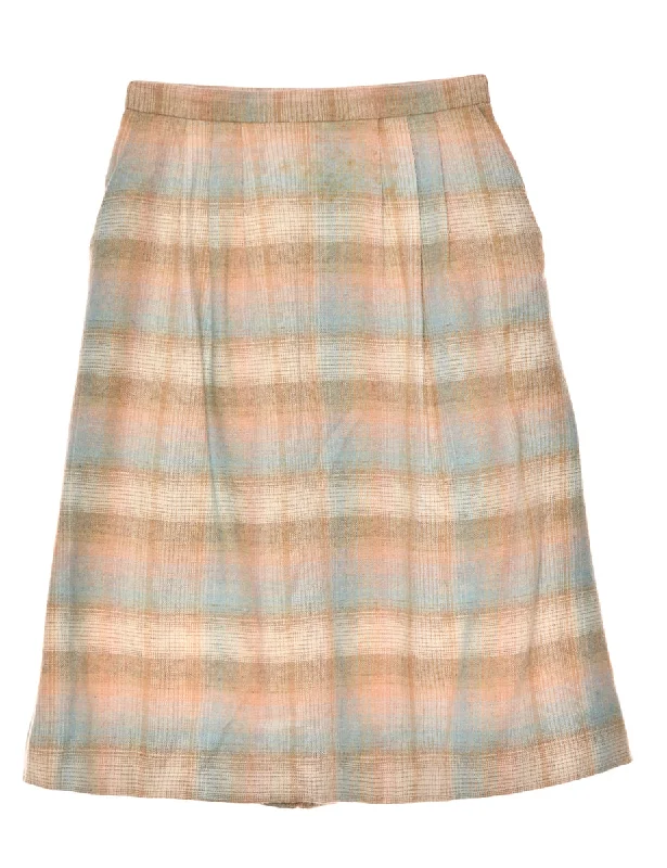 Checked Light Blue & Light Brown Midi Skirt - M