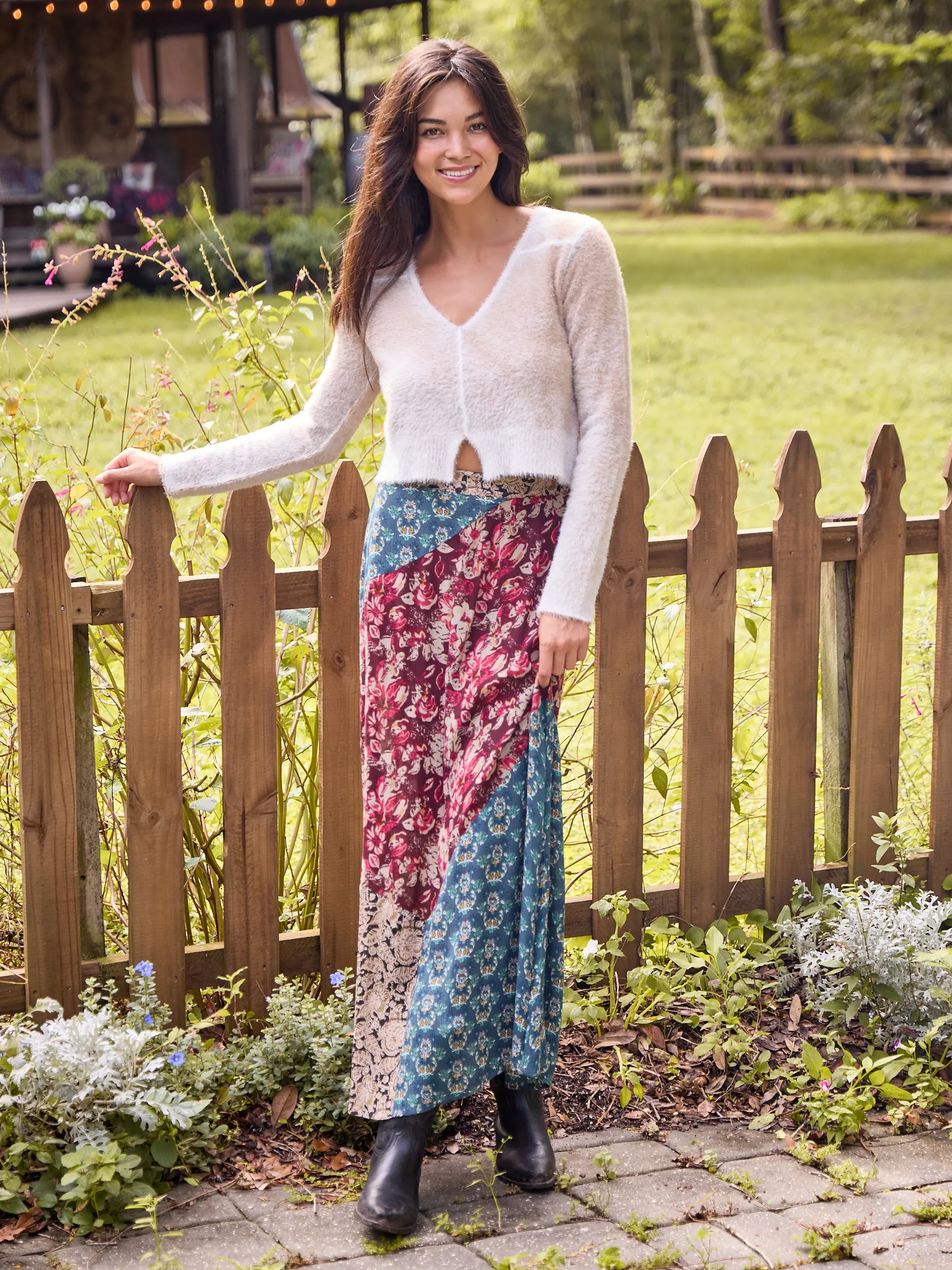 Come Together Maxi Skirt - Plum Turquoise Mixed Floral chiffon skirt flowing