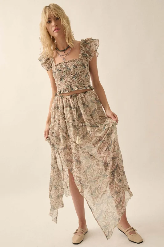 Enduring Beauty Asymmetrical Floral Ruffle Skirt cashmere skirt plush