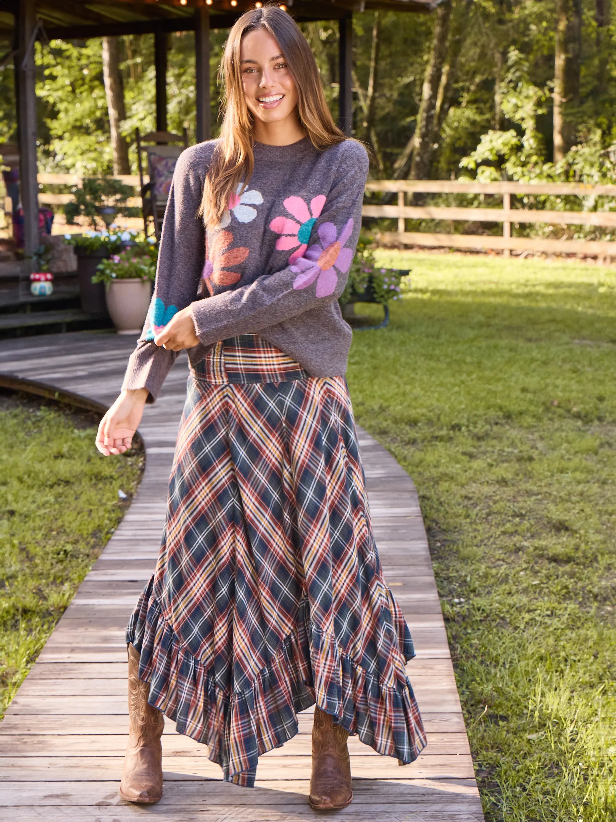 Feelin' Alive Convertible Cotton Midi Skirt - Navy Plaid flowy skirt hem