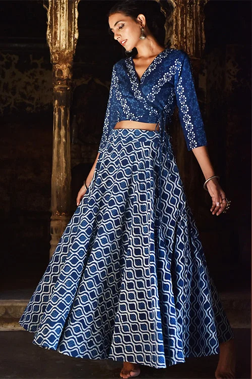 Okhai 'Gauri' Pure Cotton Hand Block Printed Wrap Top and Skirt Set zip skirt side