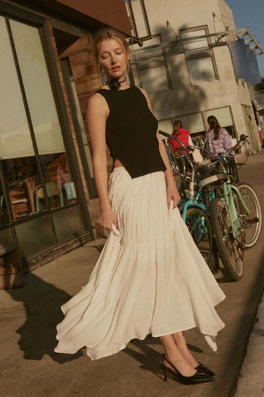 Gentle Winds Tiered Ruffle Handkerchief Maxi Skirt denim skirt fashionable