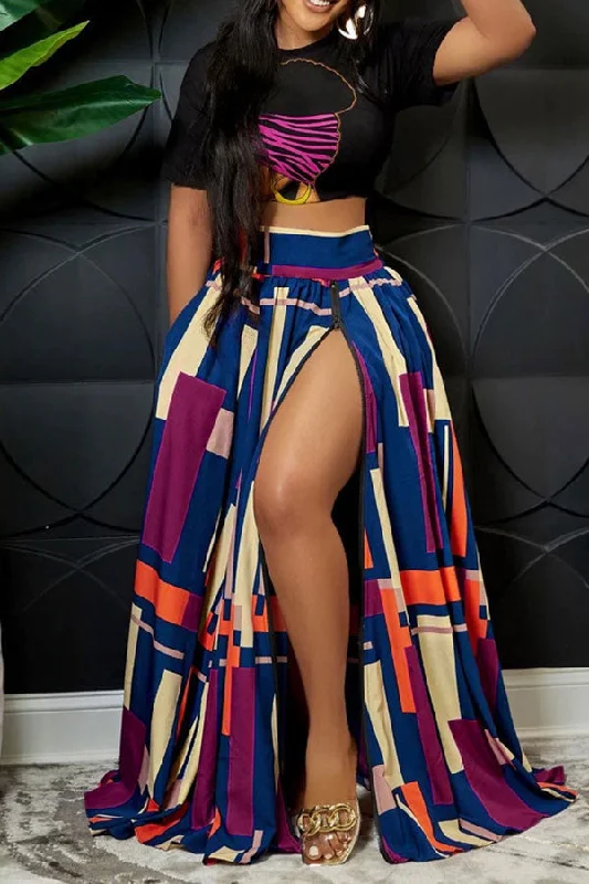 Geometric Print Modern Zipper High Split Swing Skirt Suits