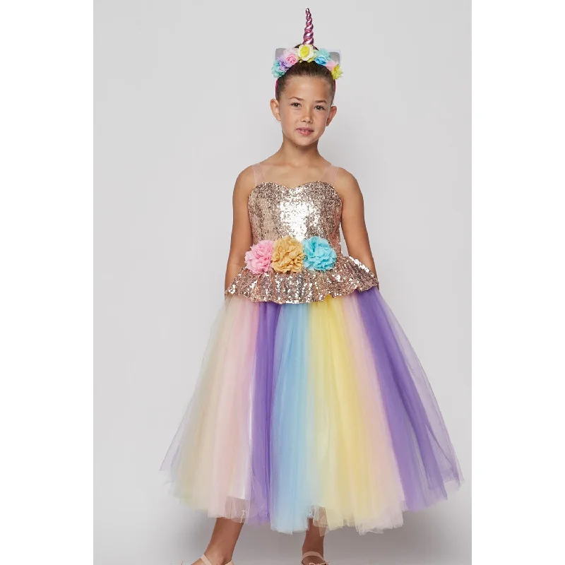 SEQUINS BODICE RAINBOW TULLE SKIRT WITH A UNICORN HEADBAND midi skirt versatile
