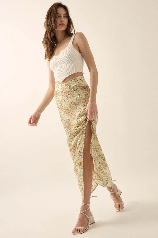 Heart of Spring Floral Crepe Buttoned Maxi Skirt