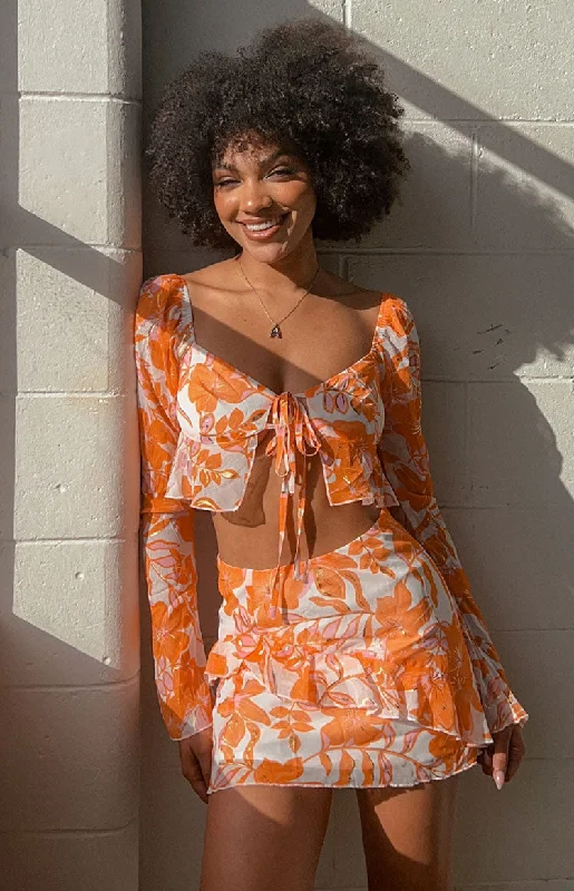 Jayella Orange Floral Mini Skirt pencil skirt chic