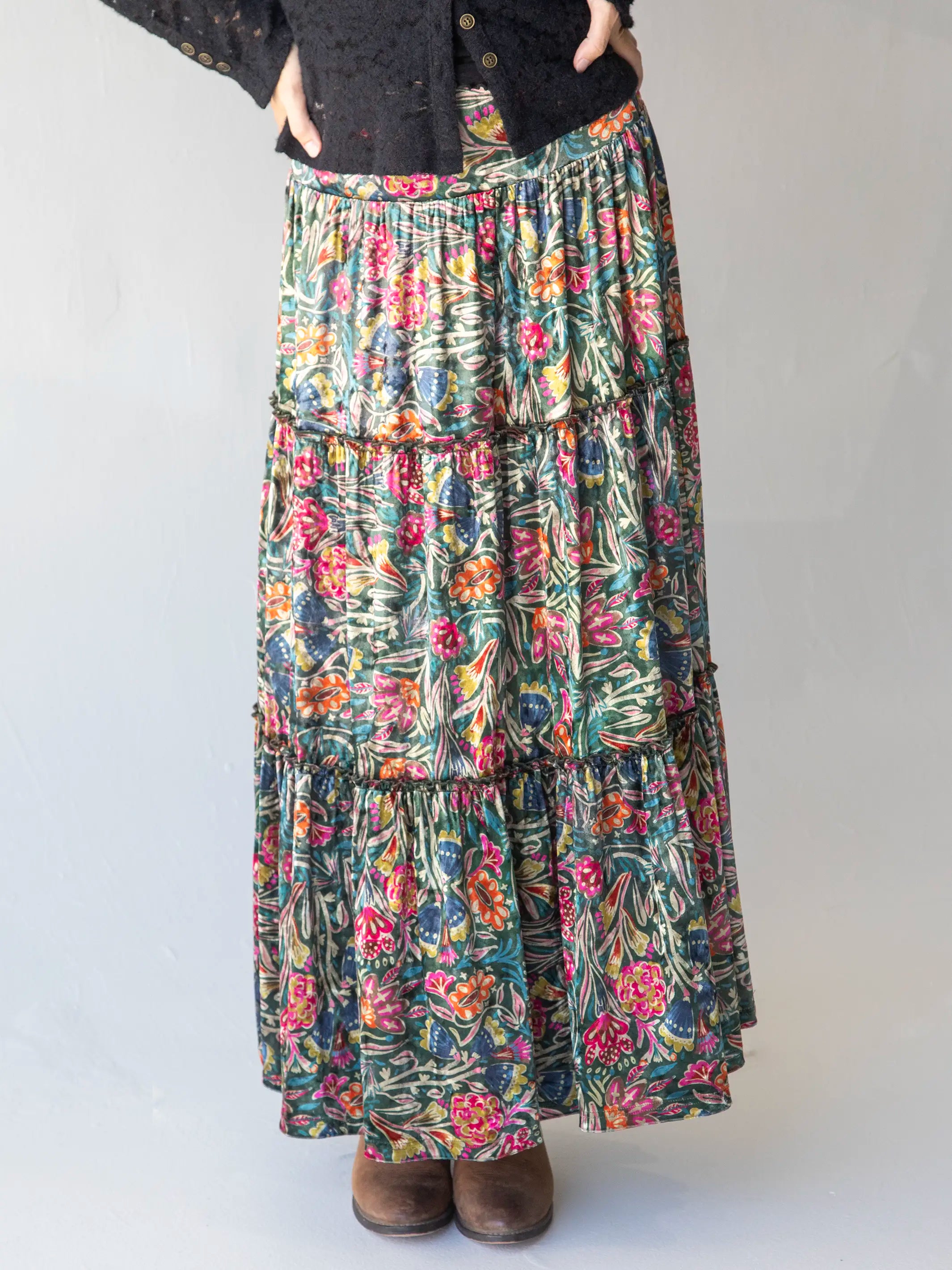 Karlie Tiered Velvet Maxi Skirt - Green Lined Floral elastic waist skirt