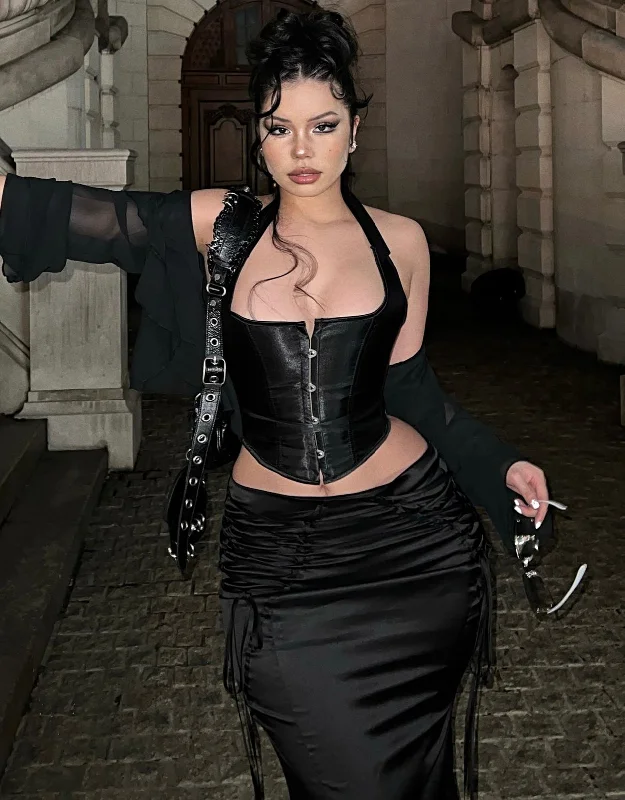 SYNEZ Kenya Solid Color Black Fishbone Halter Corset Top + Black Lace Up Long Skirt + Mesh See Through Long Sleeve Ruffle Cropped Top Matching Set denim skirt classic