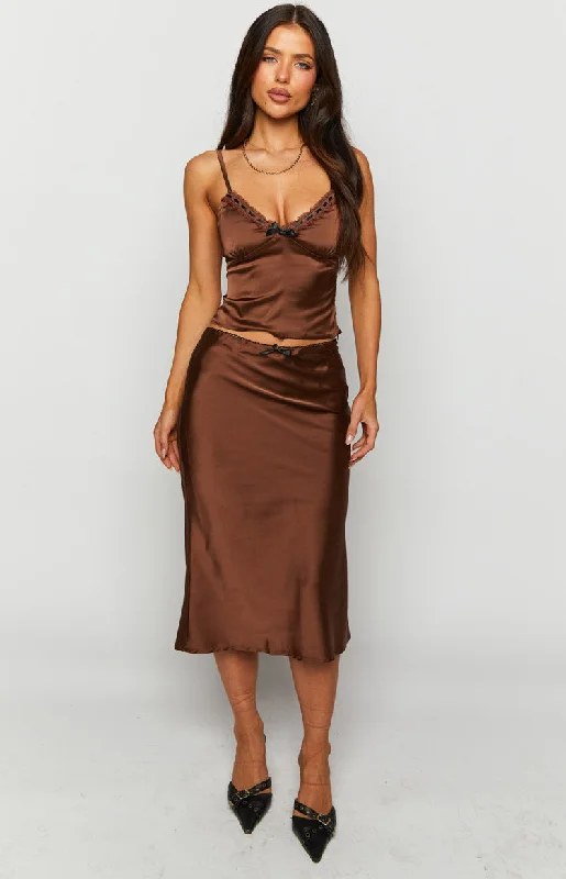 Khloe Brown Satin Midi Skirt a-line skirt cut