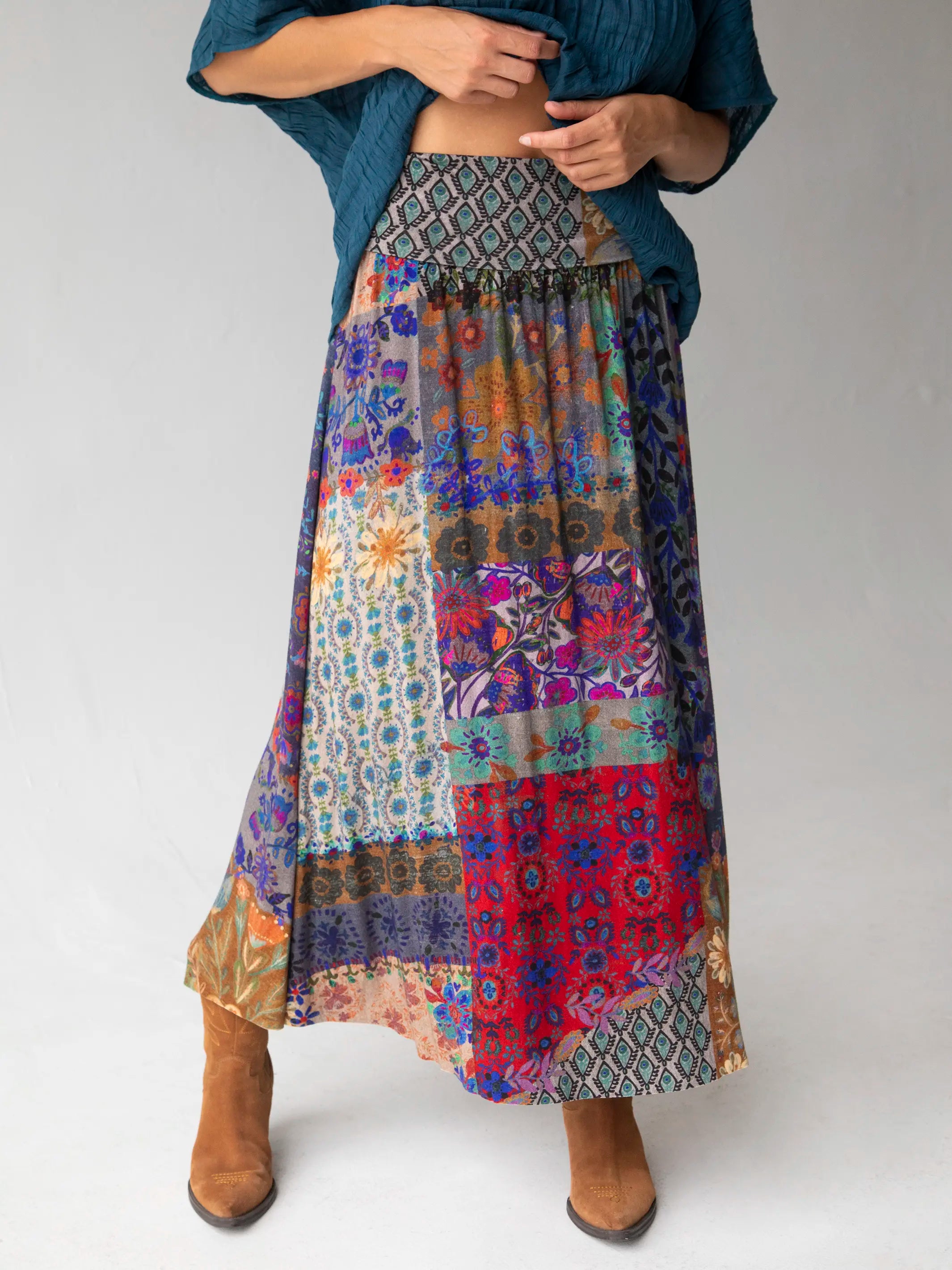 Live-In-It Knit Maxi Skirt - Mandala Borders Patchwork velvet skirt sumptuous