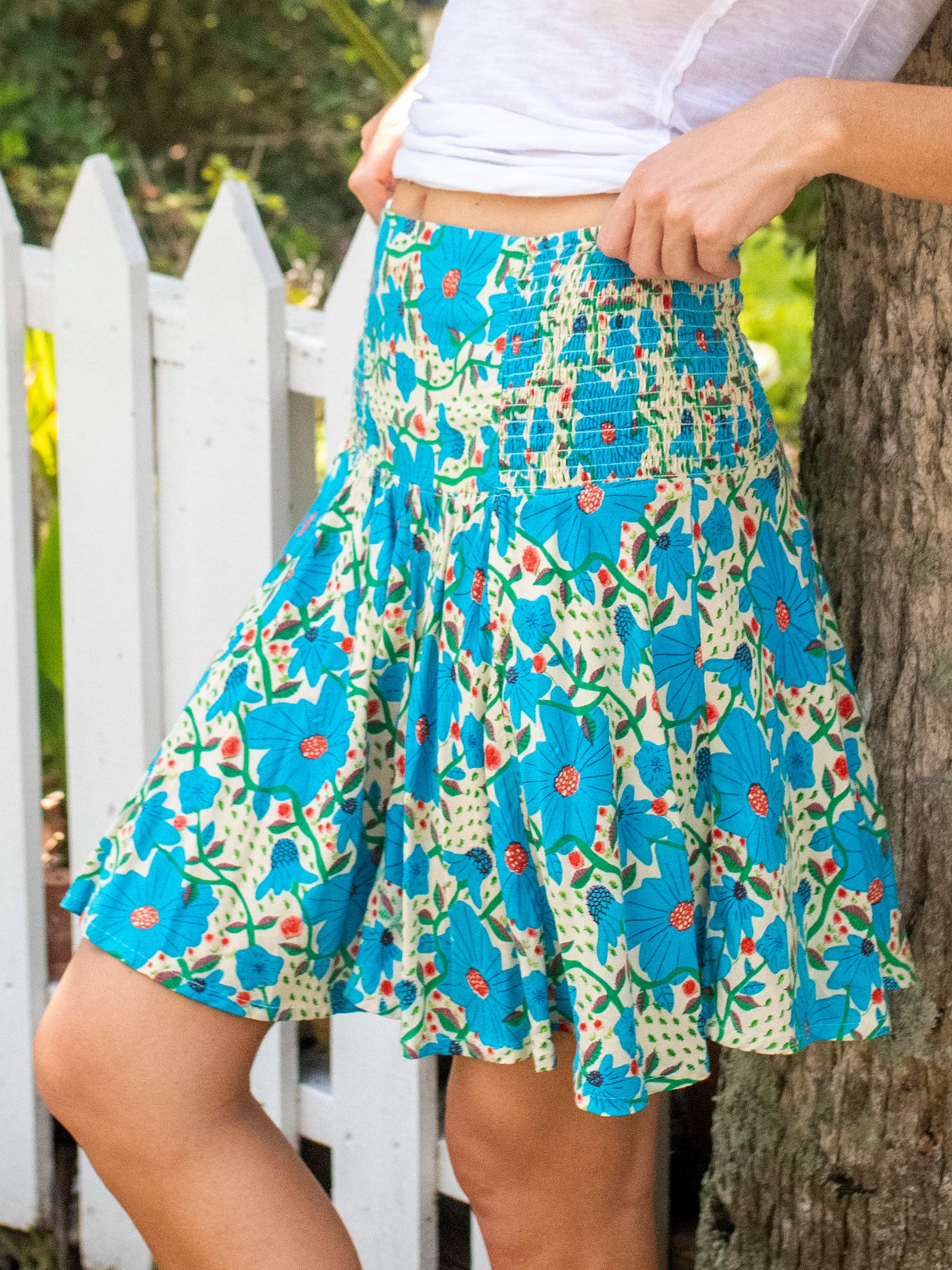 Malia Mini Skirt - Cream Blue Floral Border lace skirt romantic