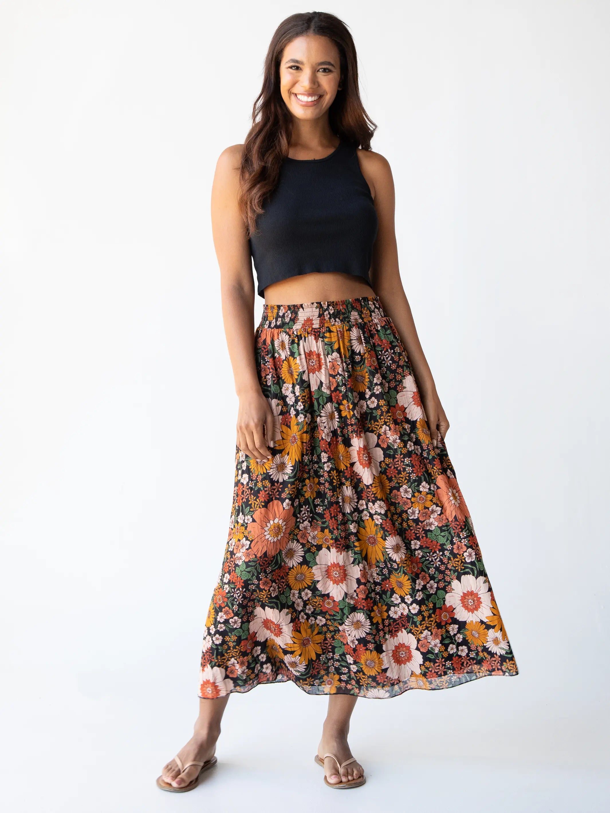 Maylin Midi Skirt - Orange Floral linen skirt natural