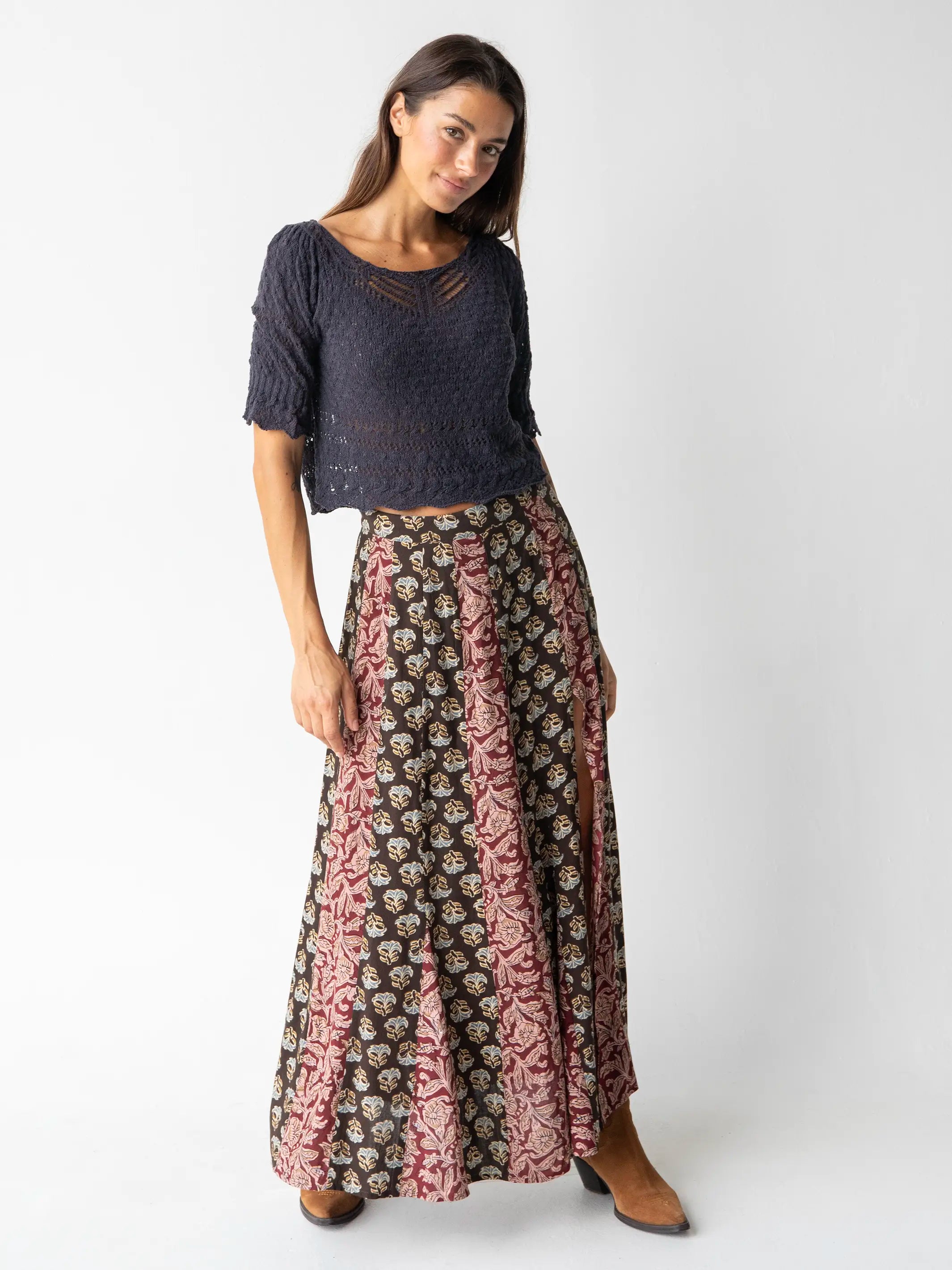 Mix It Up Maxi Skirt - Brown Olive Mixed Floral velvet skirt luxury