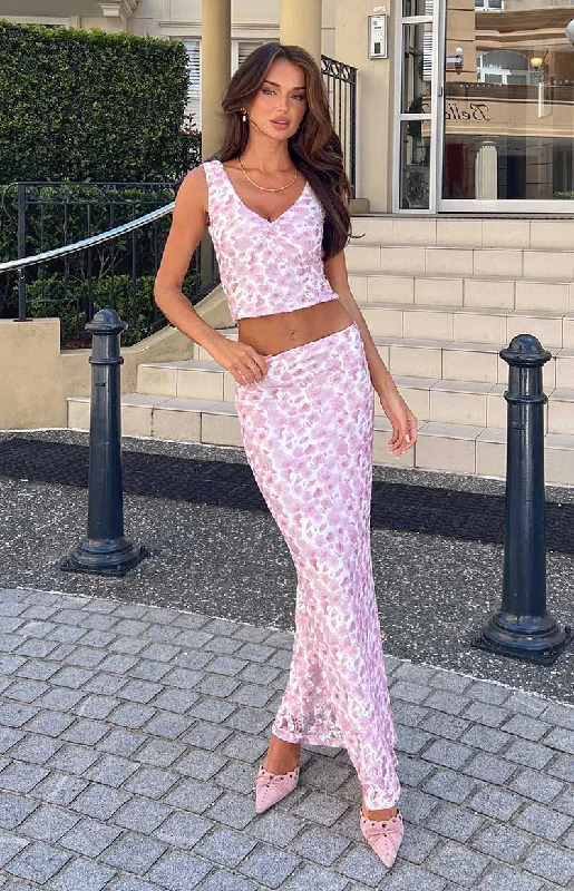 Peony Paradise Pink Lace Maxi Skirt linen skirt breathable