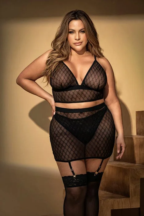 Plus Size Sexy Black Mesh Triangle Top, Thong & Skirt 3 Pc. Lingerie Set (Nude also Available)