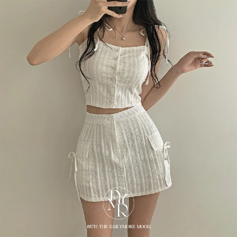 Ribbon Bustier Pocket Skirt Set denim skirt casual