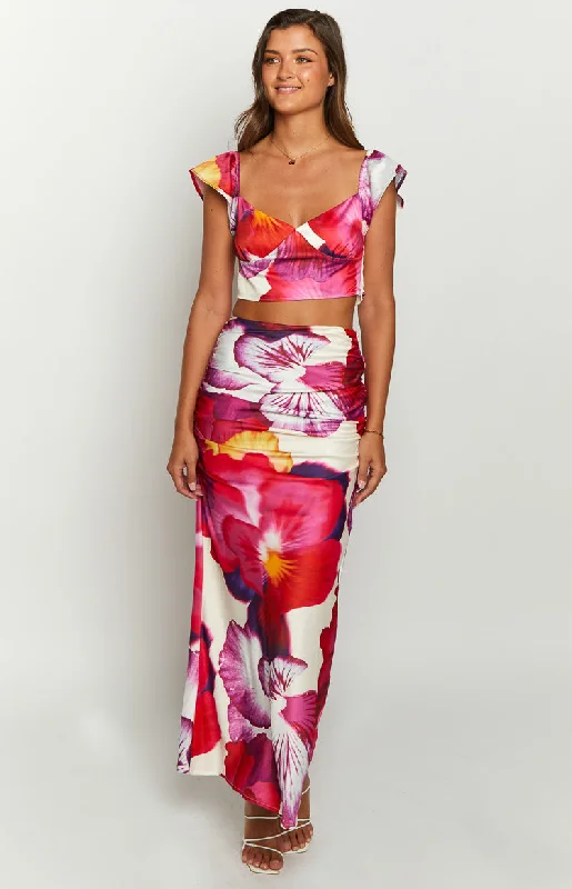 Romantic Rose Pink Floral Print Maxi Skirt linen skirt relaxed