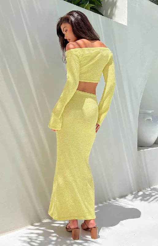 Romie Yellow Knit Maxi Skirt patchwork skirt art