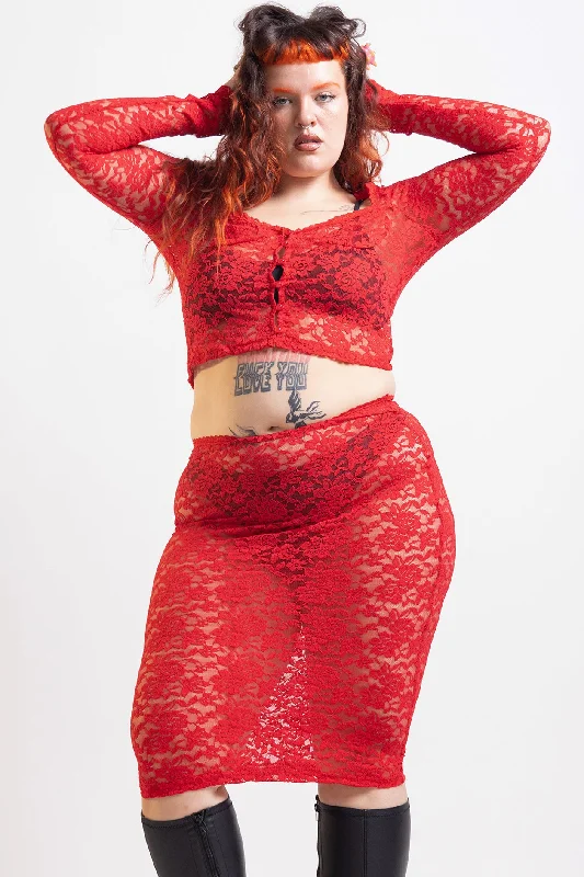 Red Sonja Lace Sheer Midi Skirt denim skirt casual