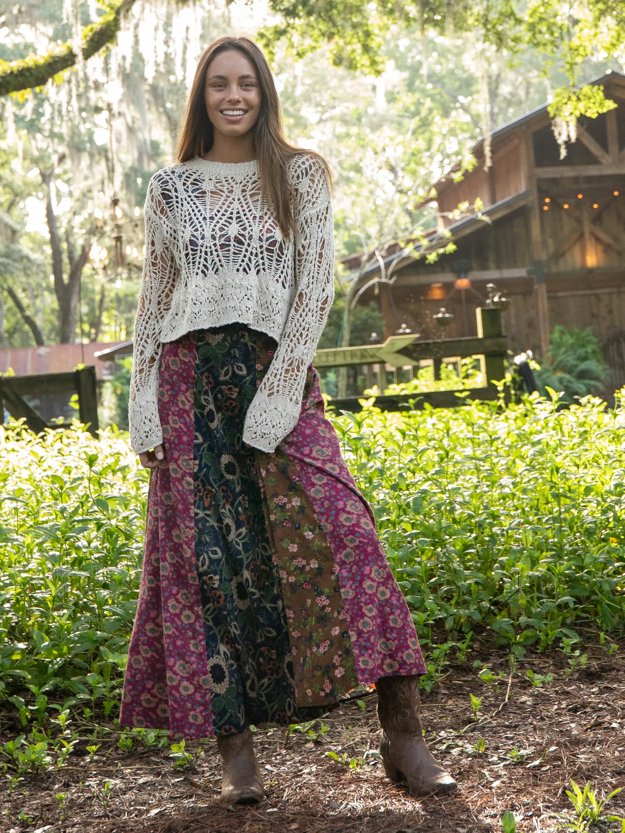 Valentina Corduroy Maxi Skirt - Cranberry Navy Brown Mixed Floral pleated skirt texture