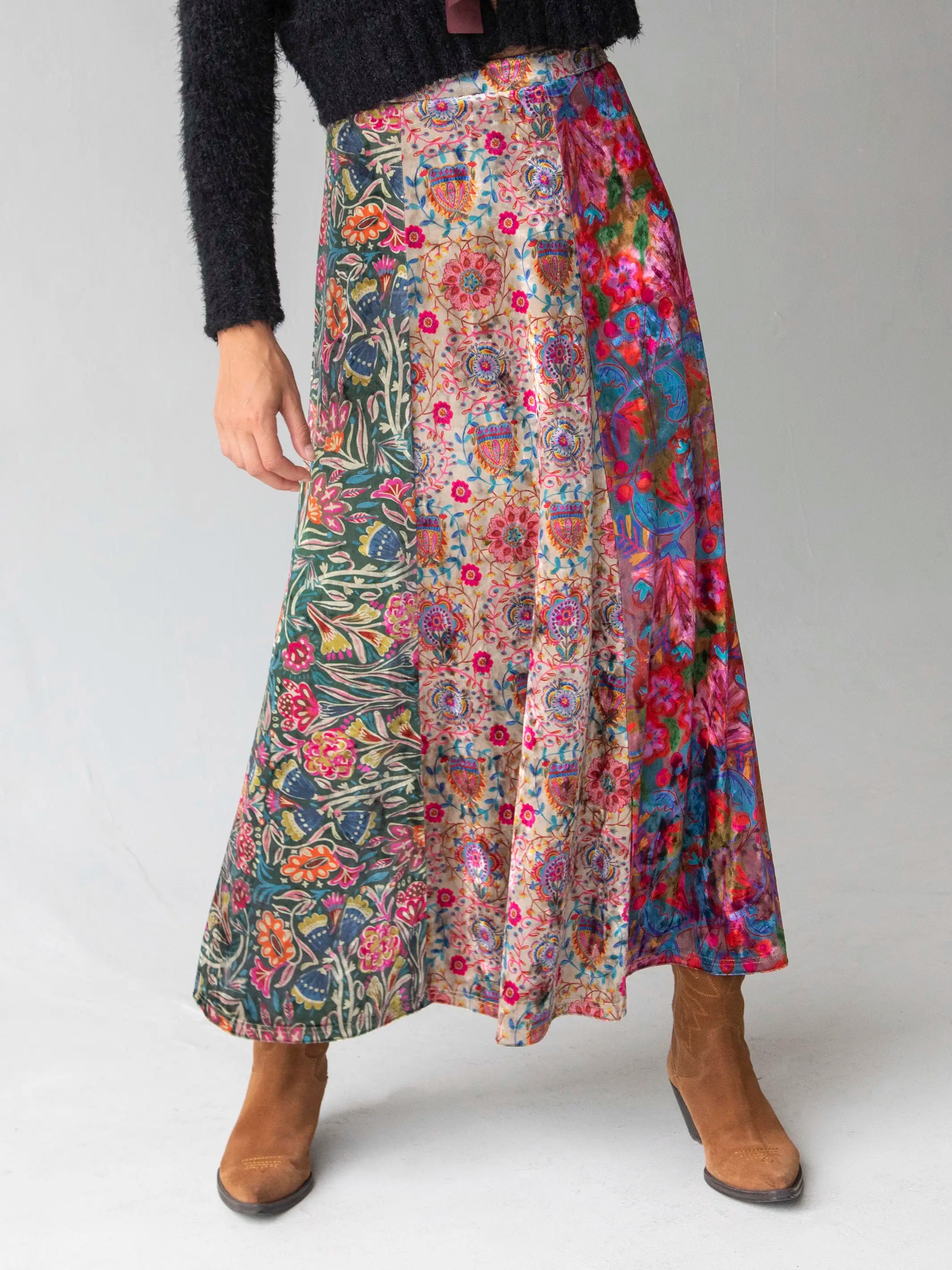 Valentina Velvet Maxi Skirt - Green Cream Red Mixed Floral corduroy skirt textured