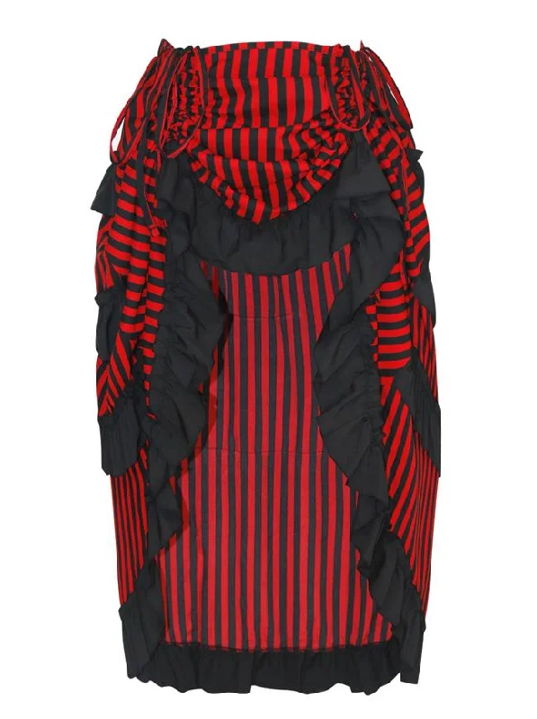 Victorian Steampunk Gothic Irregular High-low Ruffle Skirt /Black and Red Stripes